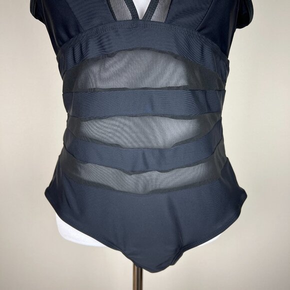 Cutout Mesh Sheer Swimsuit Womens XL Black One Piece Padded Bust V-Neck Low Back - Picture 4 of 11